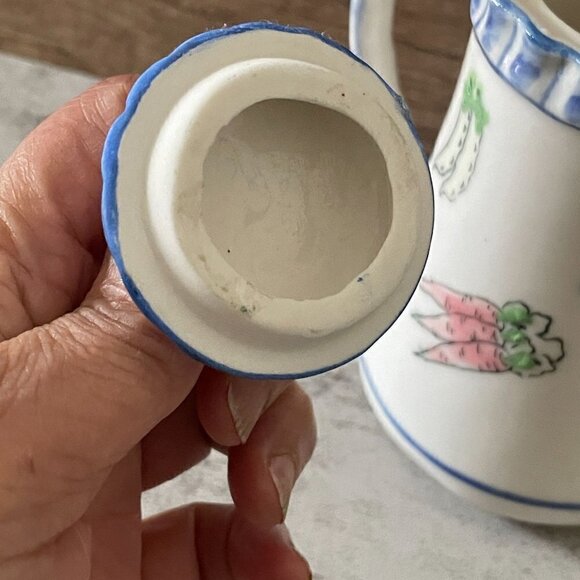 Studio Art Pottery Hand Painted Vegetable and Ribbon Motif Covered Pitcher 4.5" - Picture 8 of 9